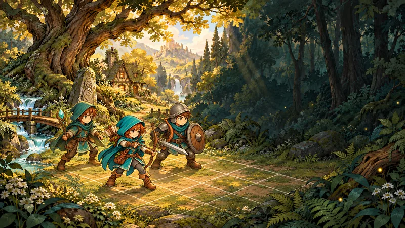 Trois héros, une mage, une archère et un guerrier, en position de combat sur un quadrillage dans une forêt dorée.