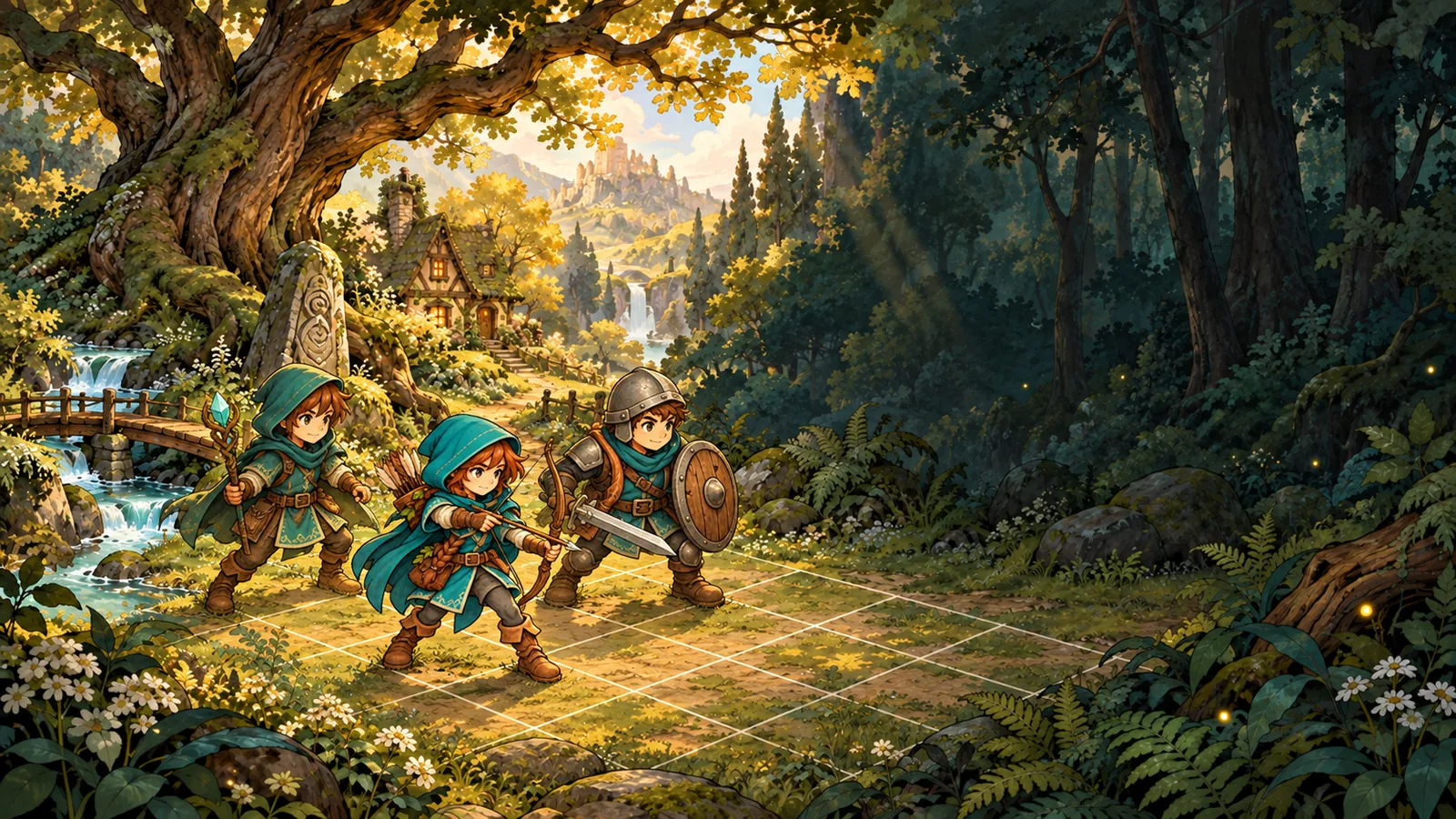 Trois héros, une mage, une archère et un guerrier, en position de combat sur un quadrillage dans une forêt dorée.